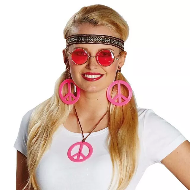 DAMEN HIPPIE SET # Karneval 60er 70er Jahre Kostüm Brille Stirnband Peace Kette