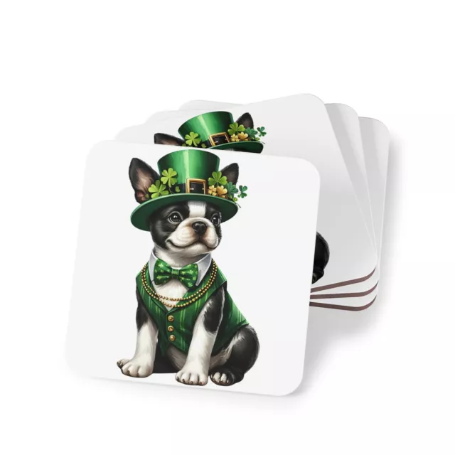 St. Patrick's Day - Boston Terrier Dog | Corkwood Square Coaster Set | Glossy...