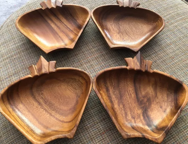 VTG Wooden SALAD Bowl Apple MCM Hand Carved 7x7” Serving  ￼Dish Walnut Set of 4