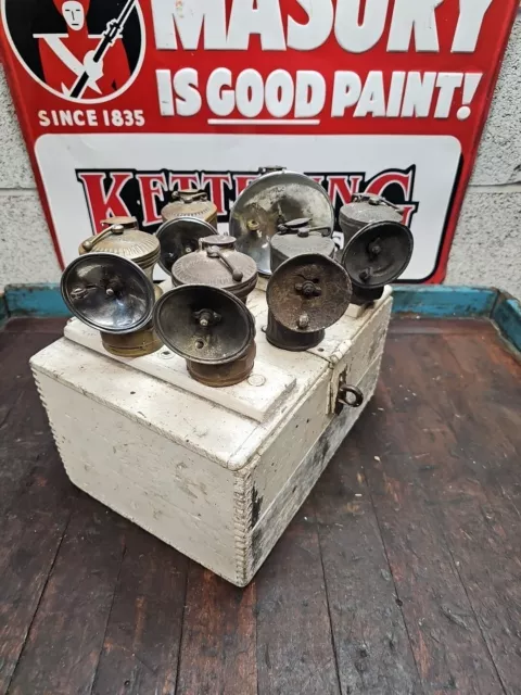 K692- 6 Antique Brass Mine Miners Mining Carbide Lamps in Explosives Box