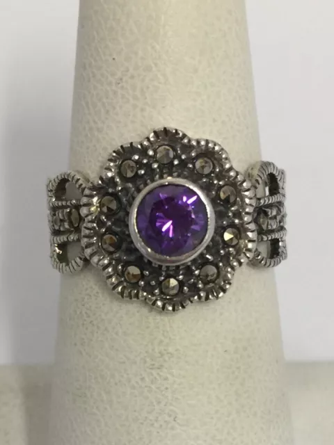 Vintage Deco Amethyst Marcasite Solitaire Ring Size 6.5 Sterling Silver 925