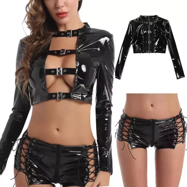 Set lingerie sexy donna top in pelle WetLook con biancheria intima per costumi d