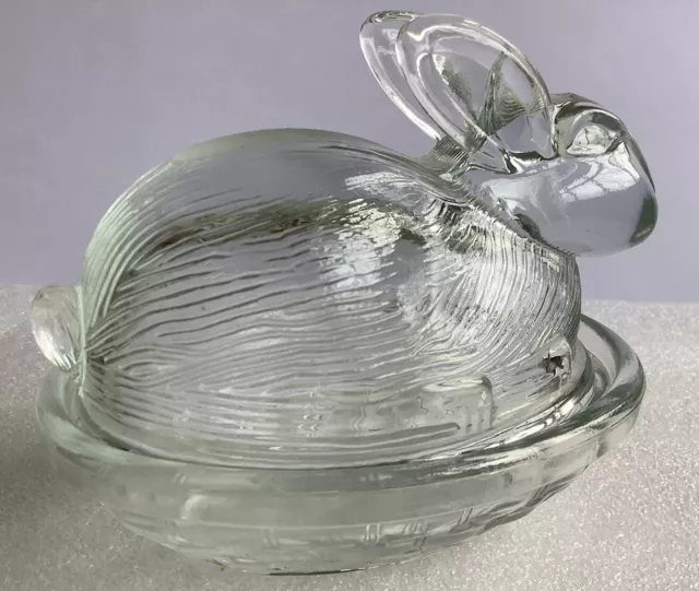 Vintage Easter Bunny Rabbit Clear Pressed Glass Nest Basket Candy Dish