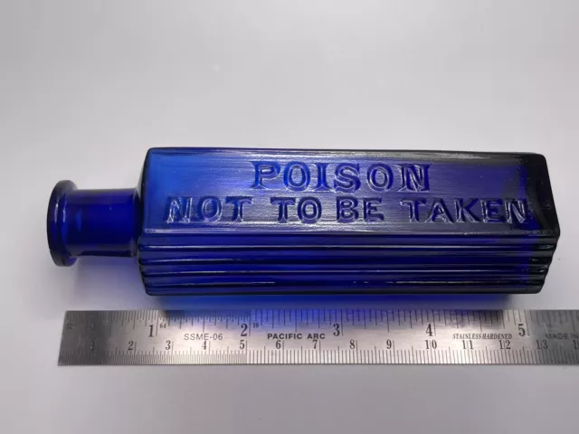 Cobalt Blue Hexagonal Poison Bottle Embossed POISON NOT TO BE TAKEN 5" tall (b)