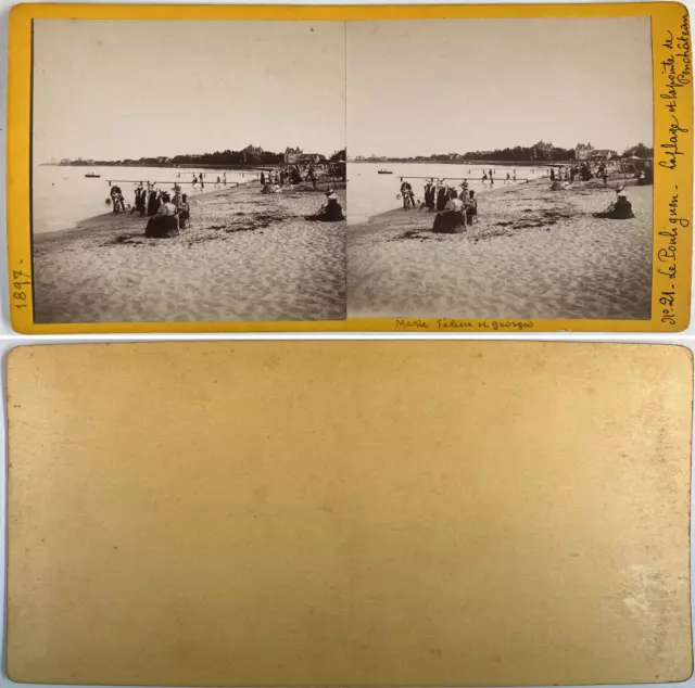 France, Le Pouliguen, la plage et le pointe de PenchâteaU Vintage stereo card, d