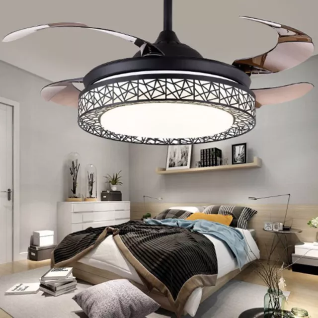 42" Modern LED Ceiling Fan with Light Retractable 4Blades Chandelier Lamp Remote
