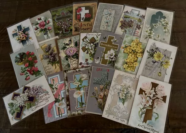 Lot of 20 Antique Easter Postcards- Crosses with Flowers~in Sleeves~h359