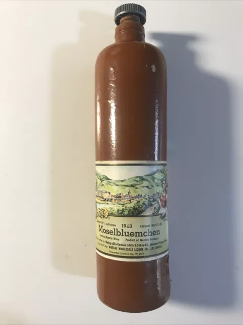 Original Vintage 1963 Moselbluemchen Bottle w/ Top Cap Mosel Wine 1 Pint 7 oz.