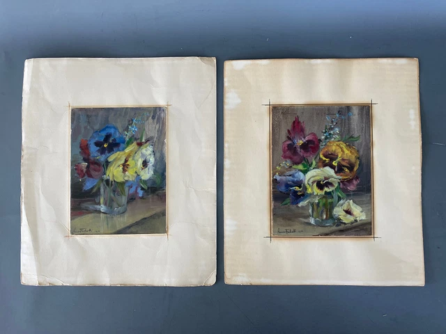 Coppia di vasi di fiori olio su cartone Reno Fabretti di Ancona 1976