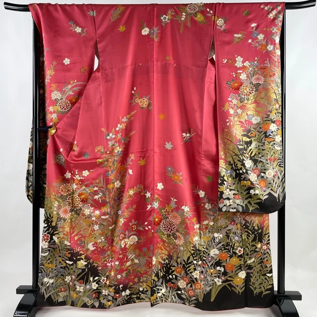 Japanese Silk Kimono Vintage Furisode Gold Gorgeous Pink Flower Thread 64in