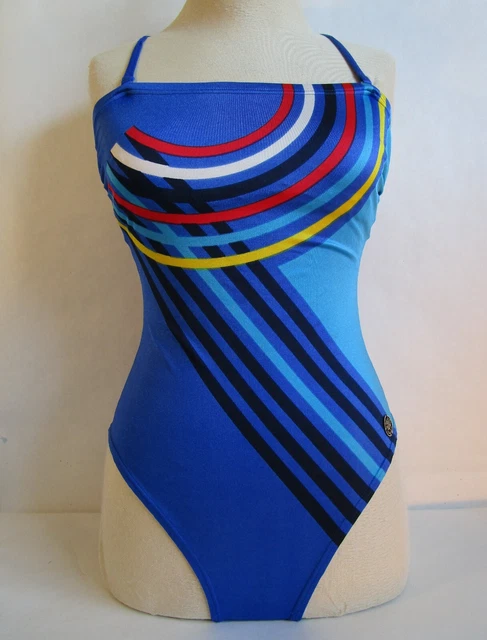 1980s Rose Marie Blue Bandeau Swimsuit Vintage 1 Piece Striped Bathing Suit MM