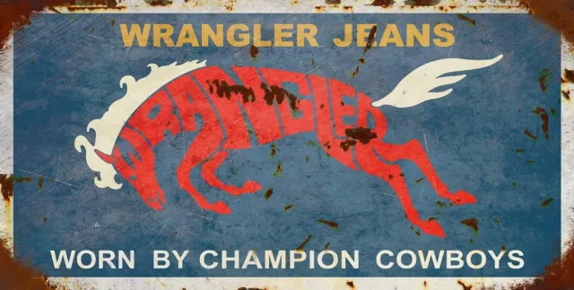 Wrangler Jeans Champion Cowboys 24" Heavy Duty Usa Made Metal Aged Adv Sign