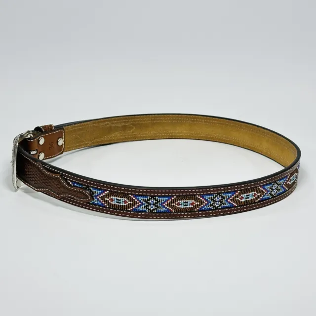 Nocona Western Mens Belt Leather Beaded Inlay Weave Tooled Brown Size 36 2