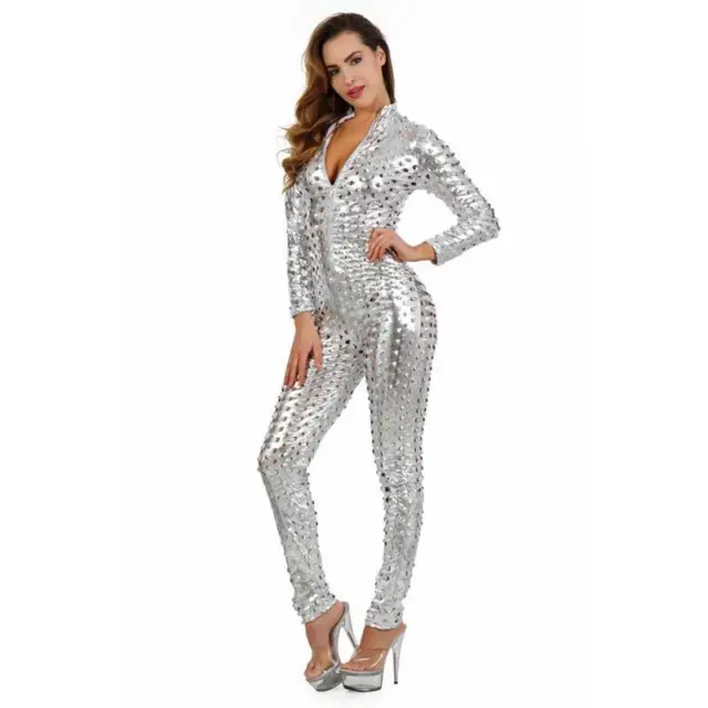 SEXY LADIES CATSUIT with Zipper Wetlook Gogo Clubwear Silver 34/36/38 # ...