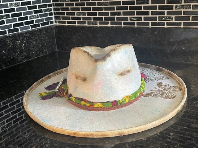 Wyeth Panama Hand Burned/ Distressed  Hat With Flowers &Heart Shape Crown
