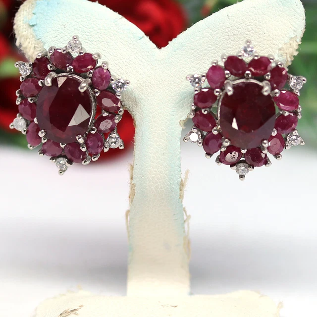 9 X 11 Mm. Rot Rubin & Weiß Cubic Zirkonia Ohrringe 925 Sterlingsilber