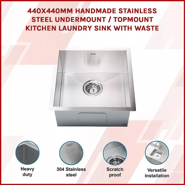 440x440mm Handmade Stainless Steel Undermount / Topmount Kitchen Laundry Sink 2