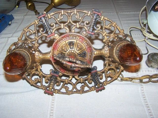 20's Antique Art Deco Victorian Pendant Ceiling 2 Light Fixture Original Paint