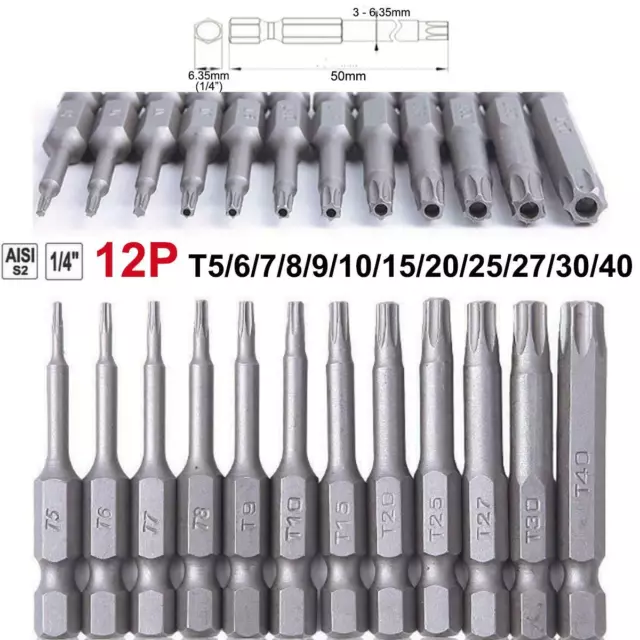 12Pcs Torx Screwdriver Bits Set Hex Security Magnetic Head 1/4" Hex Shank 50mm