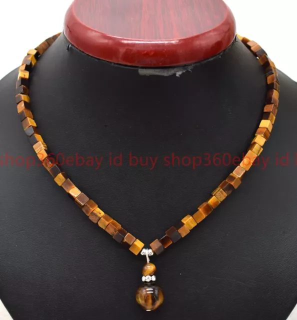 Rare 5x5 Square Yellow Tiger's Eye Gemstone Round Beads Huge Pendant Necklace