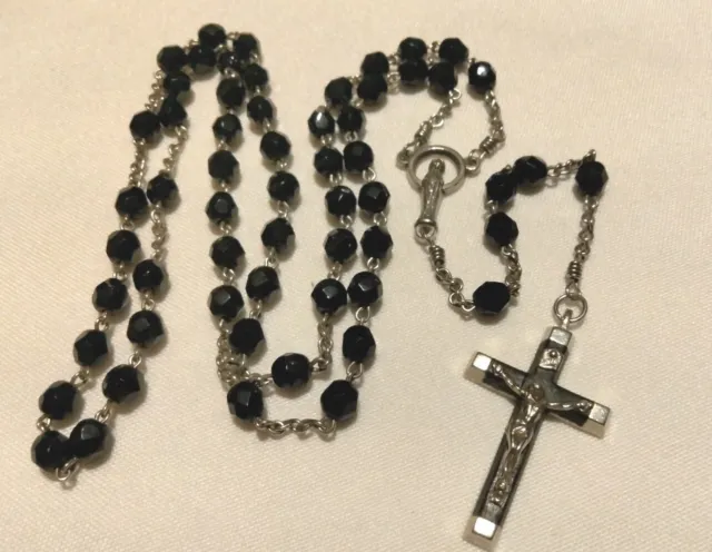 🙂️ Antigua Francia Cuentas de Vidrio Negro Rosario Ébano Crucifijo Virgen María Centro