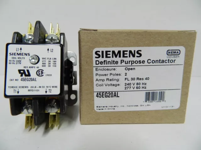 NEW Genuine Seimens 45EG20AL Contactor Series 50/60Hz 240 277 Volt 30Amp 2Pole