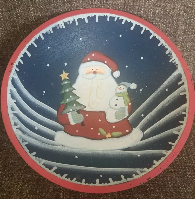 Holiday Wooden Hand Painted Santa Bowl 12” Christmas Red Blue Sky Tree Snowman