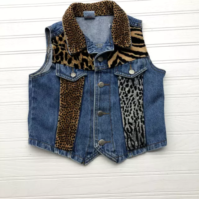 Vintage Watch L.A. Blue/Brown Denim Cheetha Print Jean Vest Youth Size L Vintage Watch L.A. Blue/Brown Denim Cheetha Print Jean Vest Youth Size L