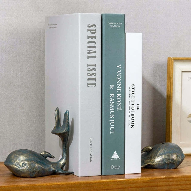 Decorative Rustic Oxidized Cast Iron Whale Shaped Bookends, 2 Piece Set