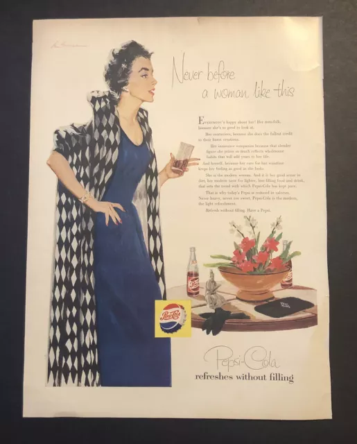 1950’s Pepsi Soda Pop Beverage Drink Woman In Blue Dress Magazine Ad