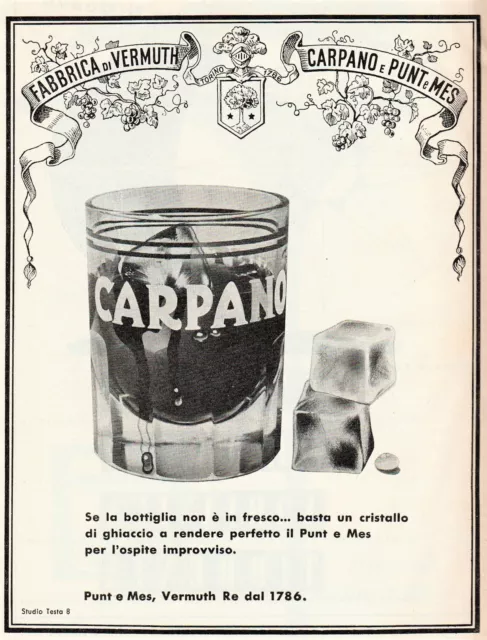 Pubblicita' 1957 Carpano Punt E Mes Vino Vermouth  Wine Ice Bar Studio A.testa