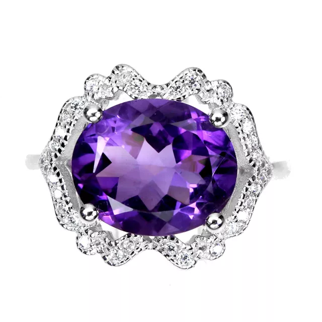 Non Chauffé Ovale Violet Améthyste 12x10mm Simulé Zircone 925 Bague en Argent