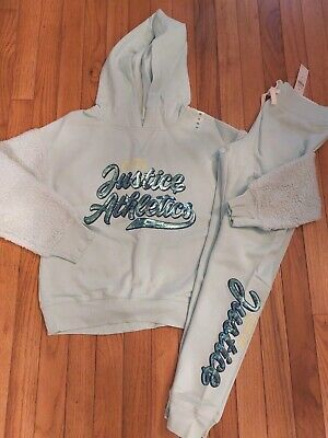 NWT Justice Girls Outfit Sequin Logo Hoodie/Joggers Mint Size 10 (D)