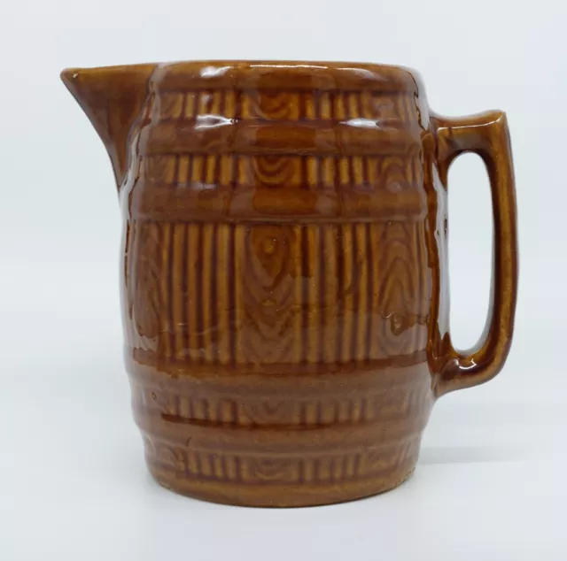 Vintage Brown Stoneware Barrel Pitcher Jug Pottery