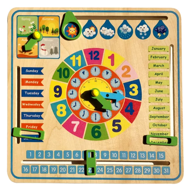 Kids Children Educational Wooden Calendar Board With Season Days Months Clock Uk