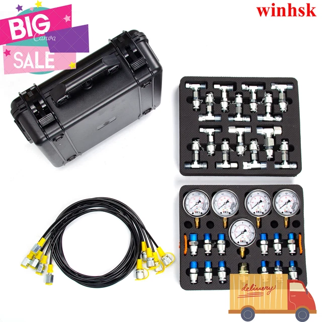 HYDRAULIC PRESSURE GAUGE Test Kit w/ 5 Gauges 5 Hose 13 Coupling 14 Tee