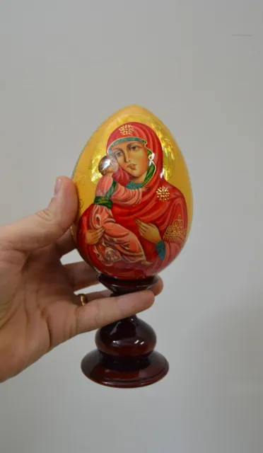 Rare Russian Orthodox Wood icon Virgin Mary Christ Egg On Stand Hand-Painted100%