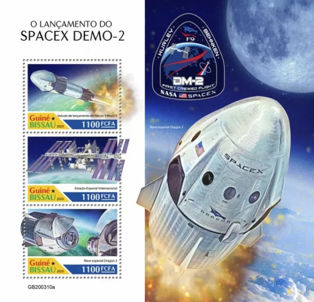 Guinea-Bissau Space Stamps 2020 MNH SpaceX Demo-2 DM-2 Launch 3v M/S
