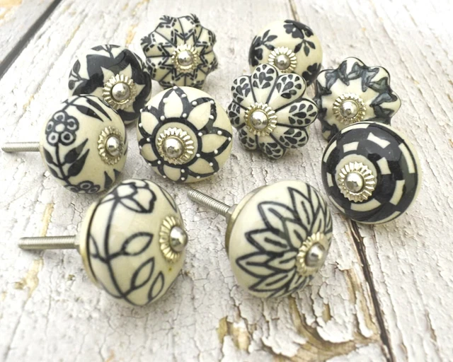 Black and White Ceramic Knobs Kitchen Cabinet Drawer Knobs Hardware Set of 10