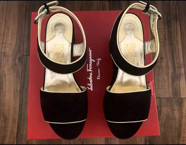$695 Salvatore Ferragamo Lucrezia Leather Suede Black Platform Sandal Size 8