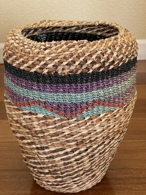 Vintage Handcrafted Woven African Basket Red Black Purple Blue Signed 12” Tall