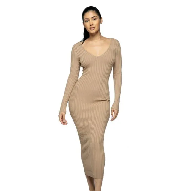 Women's Deep V-Neck Off Shoulder Long Sleeve Rib Midi Dress Nude Large