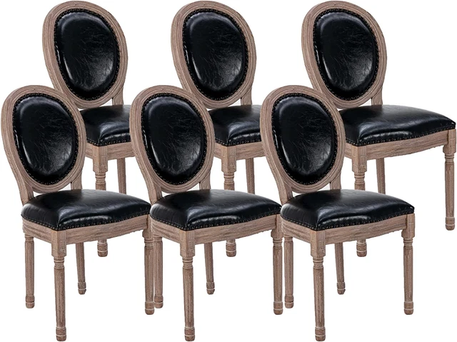 Dining Chairs Set of 6 French Vintage, Mid Century Upholstered Farmhouse PU Leat
