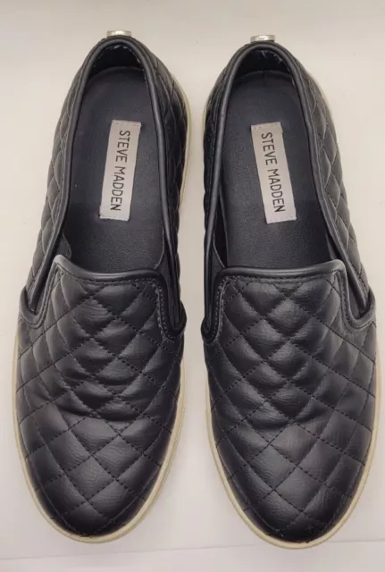 Steve Madden Excentrqc Womens Size 8m Black Leather Quilted Slip On Sneakers