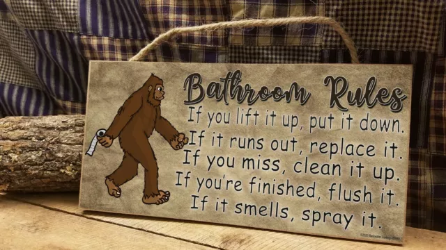 Sasquatch Bigfoot Bathroom Rules Spray It Rustic  5" x 10" Sign Plaque