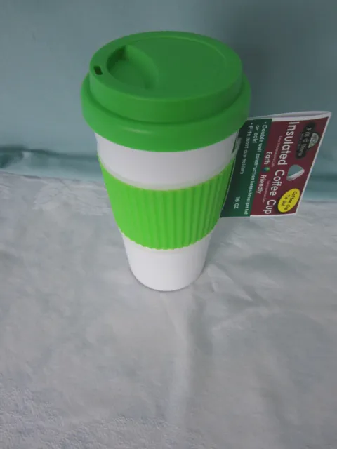 Fill N Brew Insulated Coffee Cup with Lid Double Wall 16 oz Green White New