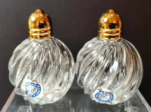 CRYSTAL Salt and Pepper Shakers Gold Top NEW SMALL cut glass Irving Rice Irice