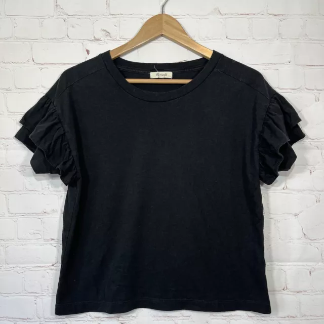 Madewell Shirt Womens Size Small Black Ruffle Short Sleeve Crop Top