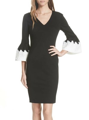 TED BAKER LONDON 159382 Women's 3/4 Sleeve V-Neck Sheath Dress Black/White Sz. 2