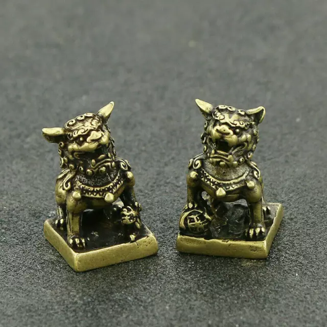 Chinese Ancient Bronze Foo Fu Dog Guardion Door Lion Seal Stamp Signet Pair